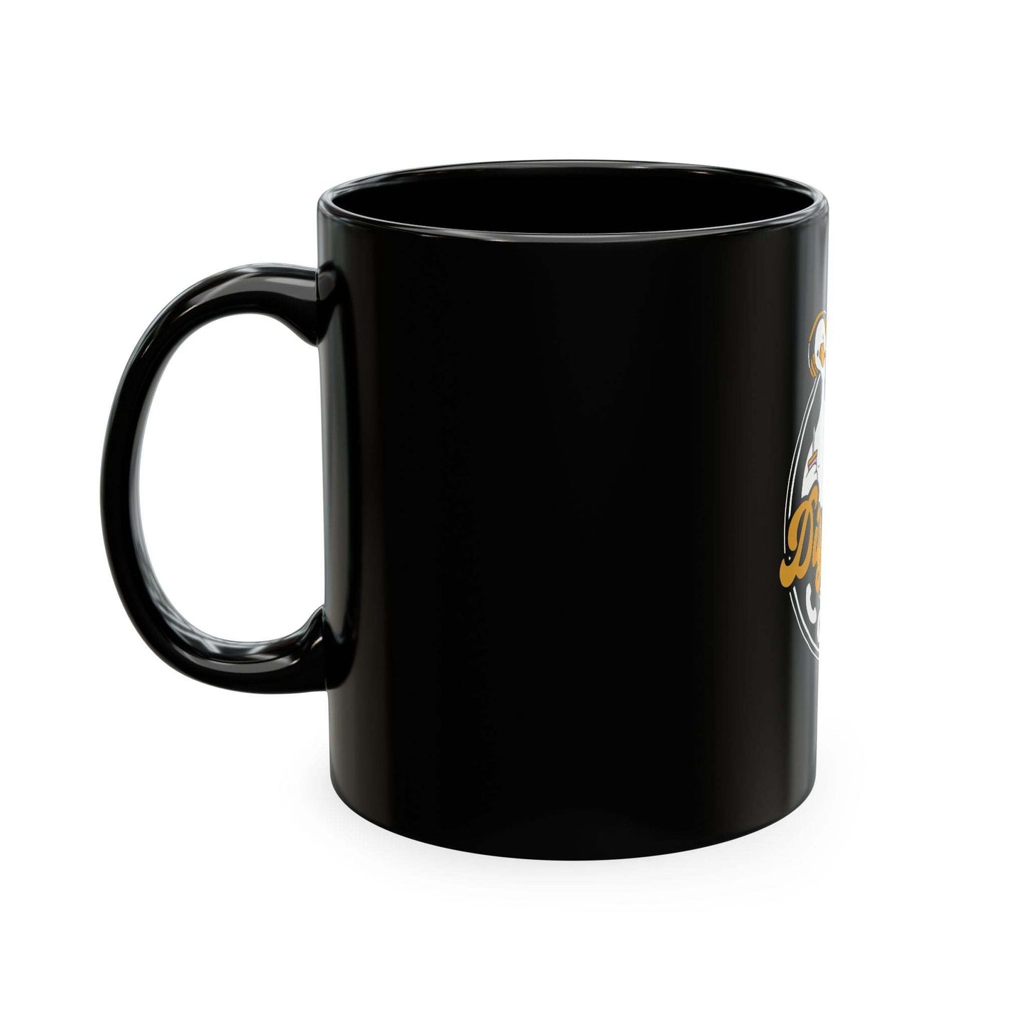 911 Dispatcher Crew Mug with retro badge design, black ceramic, gold and white lettering, microwave and dishwasher safe