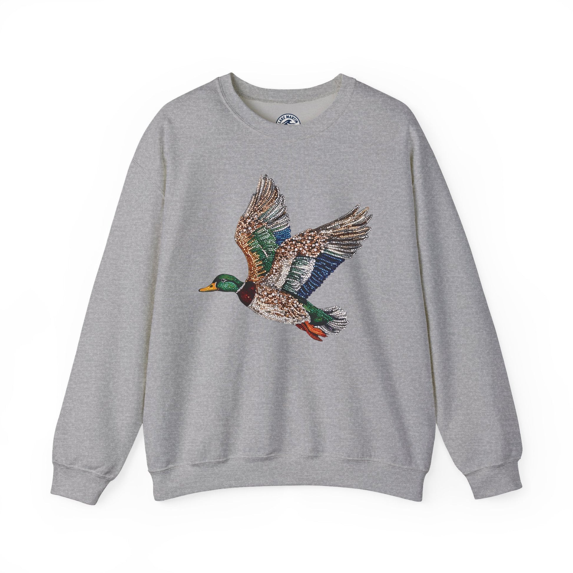 Flying mallard duck design on a faux rhinestone printed unisex sweatshirt