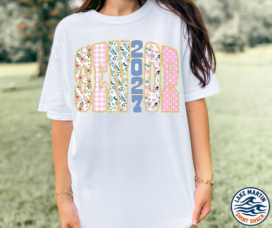 Senior 2027 pink floral and gingham graphic shirt
