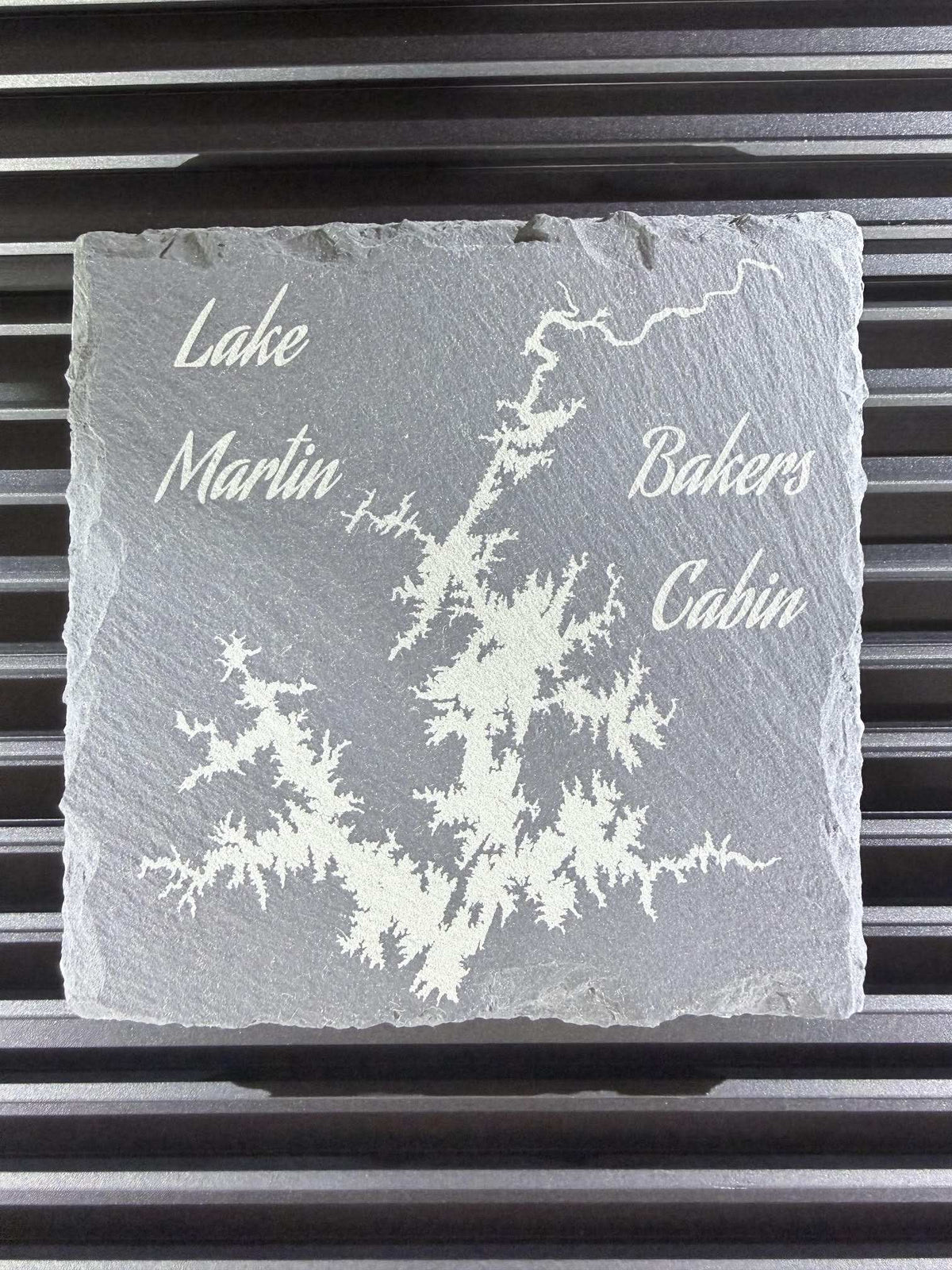 Laser engraved natural slate coaster with customizable Lake Martin Alabama map and personalized text