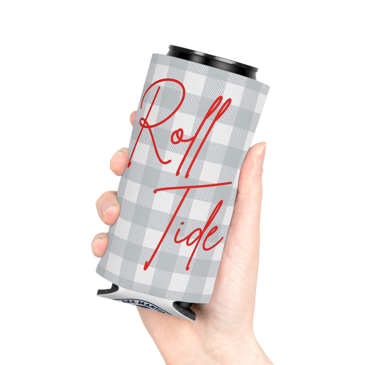 Gray plaid Roll Tide can cooler with red script lettering and foam liner