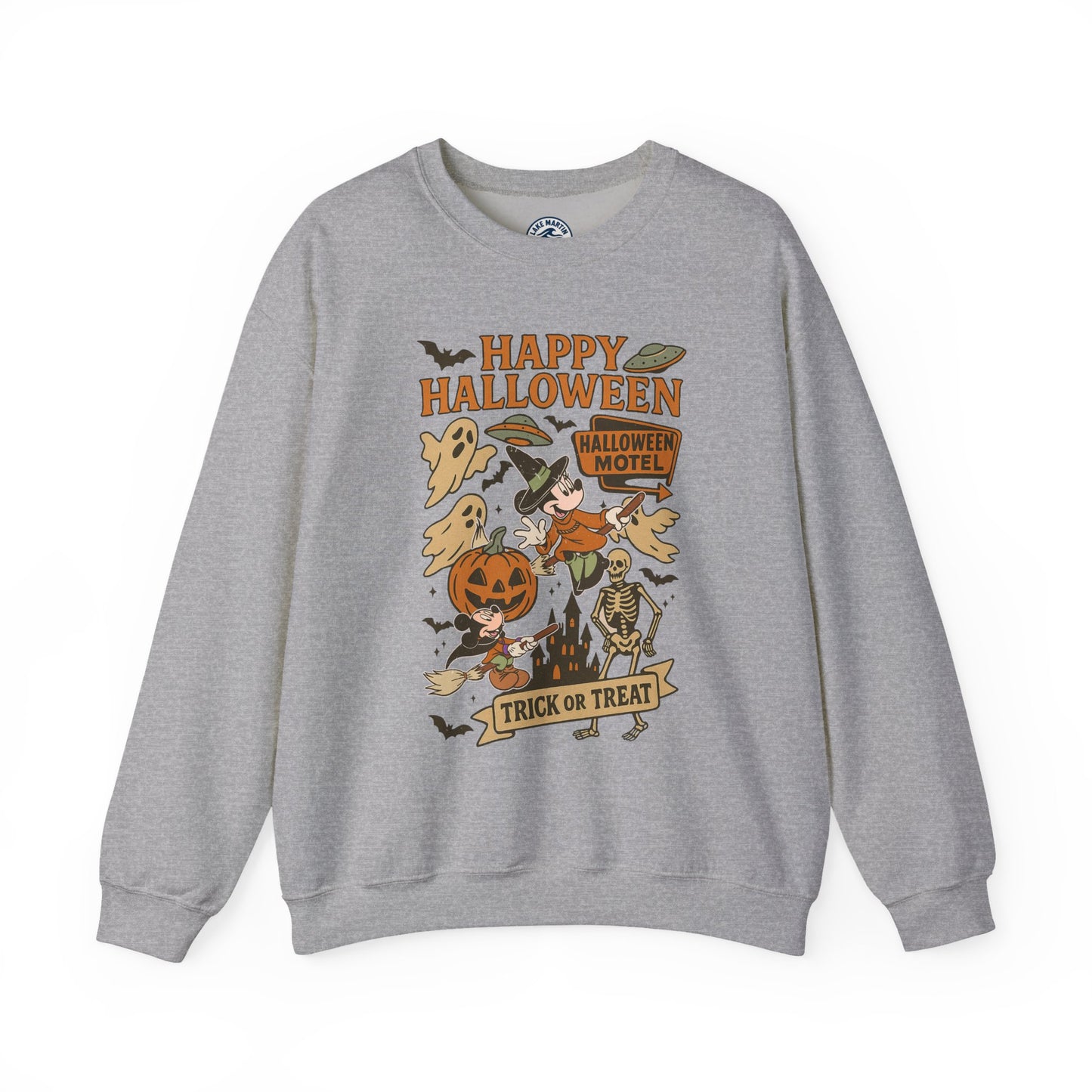A heather gray crewneck sweatshirt featuring a colorful 'Happy Halloween' graphic print on the front with cartoon characters, ghosts, a pumpkin, and a skeleton.
