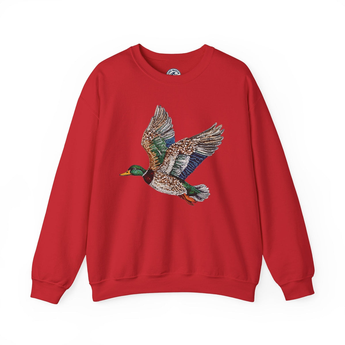 Unisex sweatshirt with colorful flying mallard duck faux rhinestone design on front