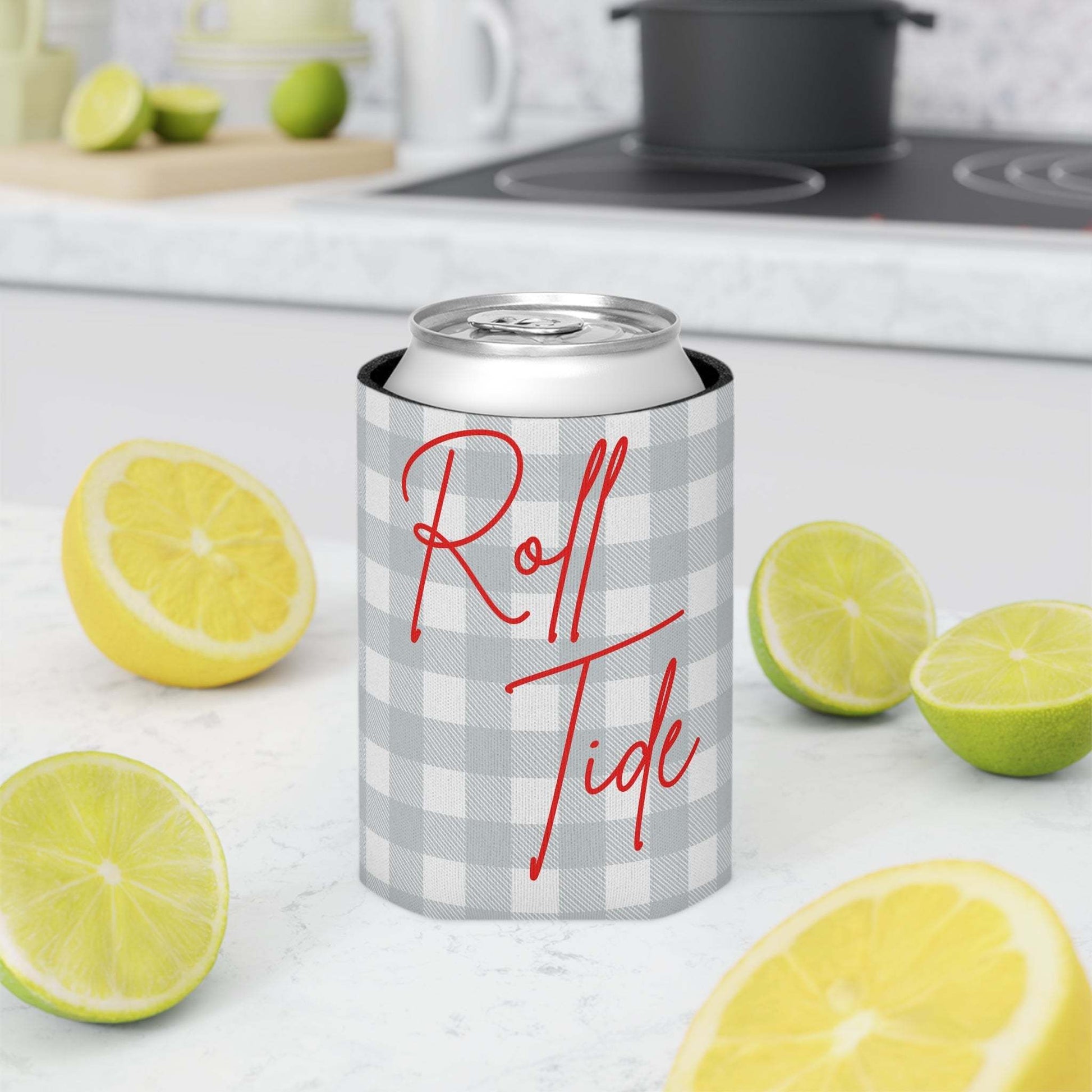 Roll Tide Can Cooler with gray plaid design and red script on foam koozie
