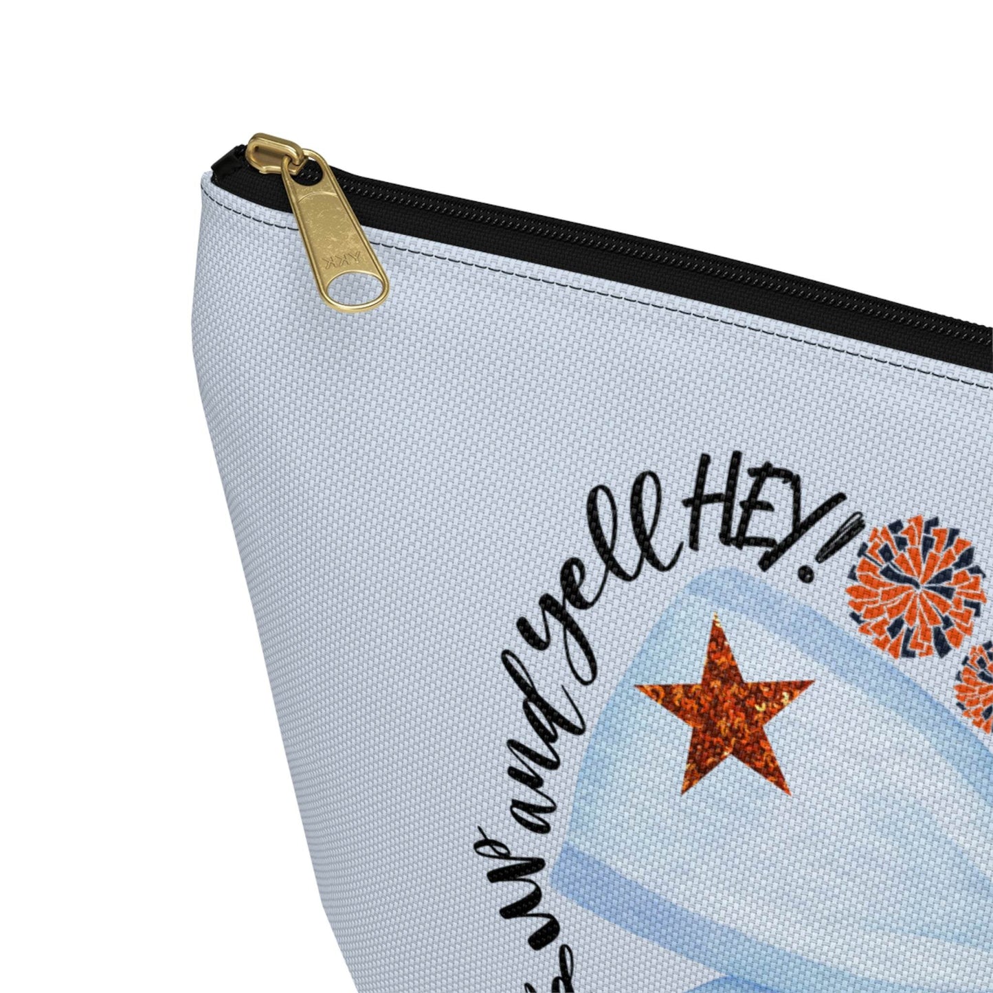 Light-blue T-bottom pouch with blue bow Auburn logo, collegiate icons, and gold zipper pull