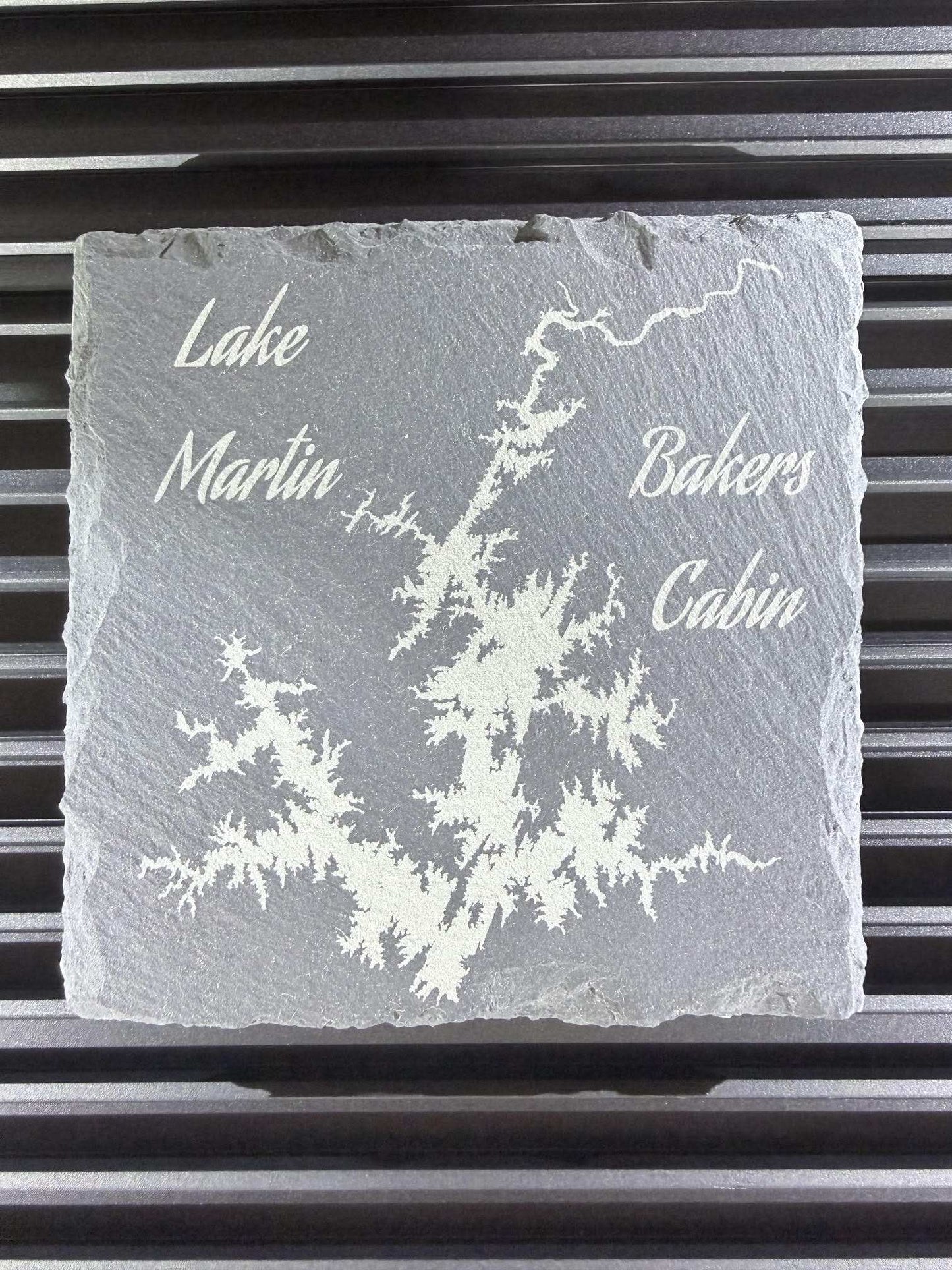 Laser engraved natural slate coaster with customizable Lake Martin Alabama map and personalized text
