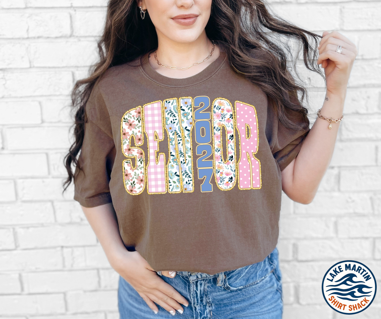Senior 2027 pink floral and gingham graphic shirt
