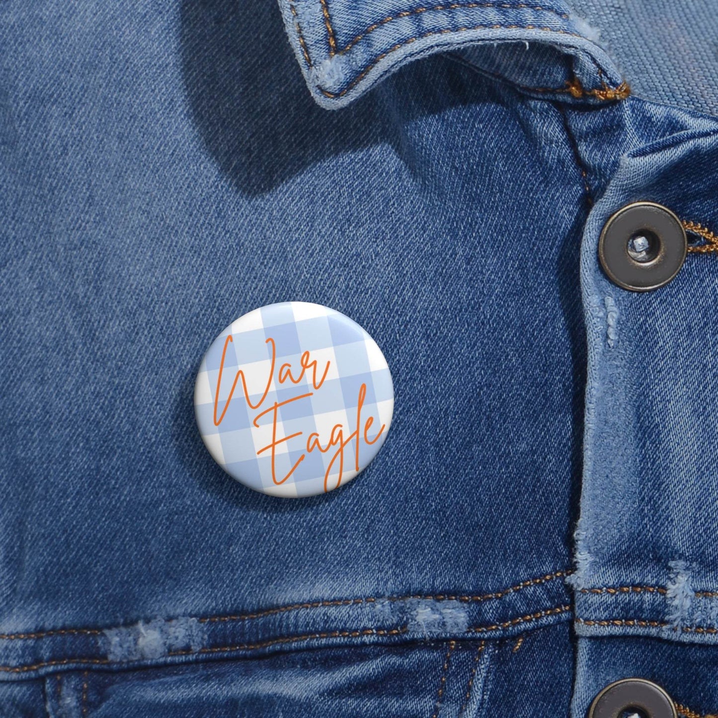 Glossy War Eagle Pin Button with blue gingham script and steel safety-pin back