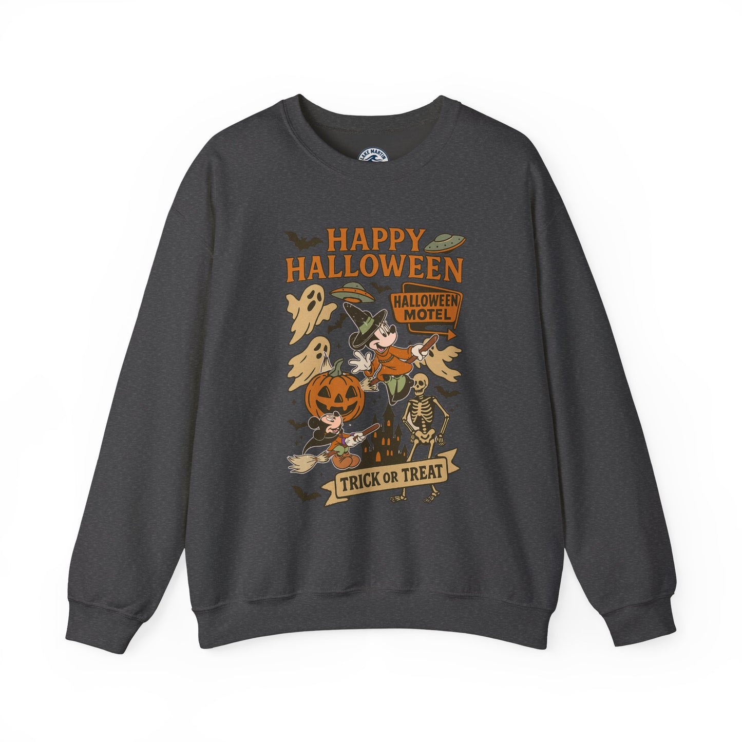 A dark gray crewneck sweatshirt featuring a colorful Halloween-themed graphic print on the front with the text 'HAPPY HALLOWEEN' and illustrations of a witch, skeleton, ghost, and jack-o'-lantern.