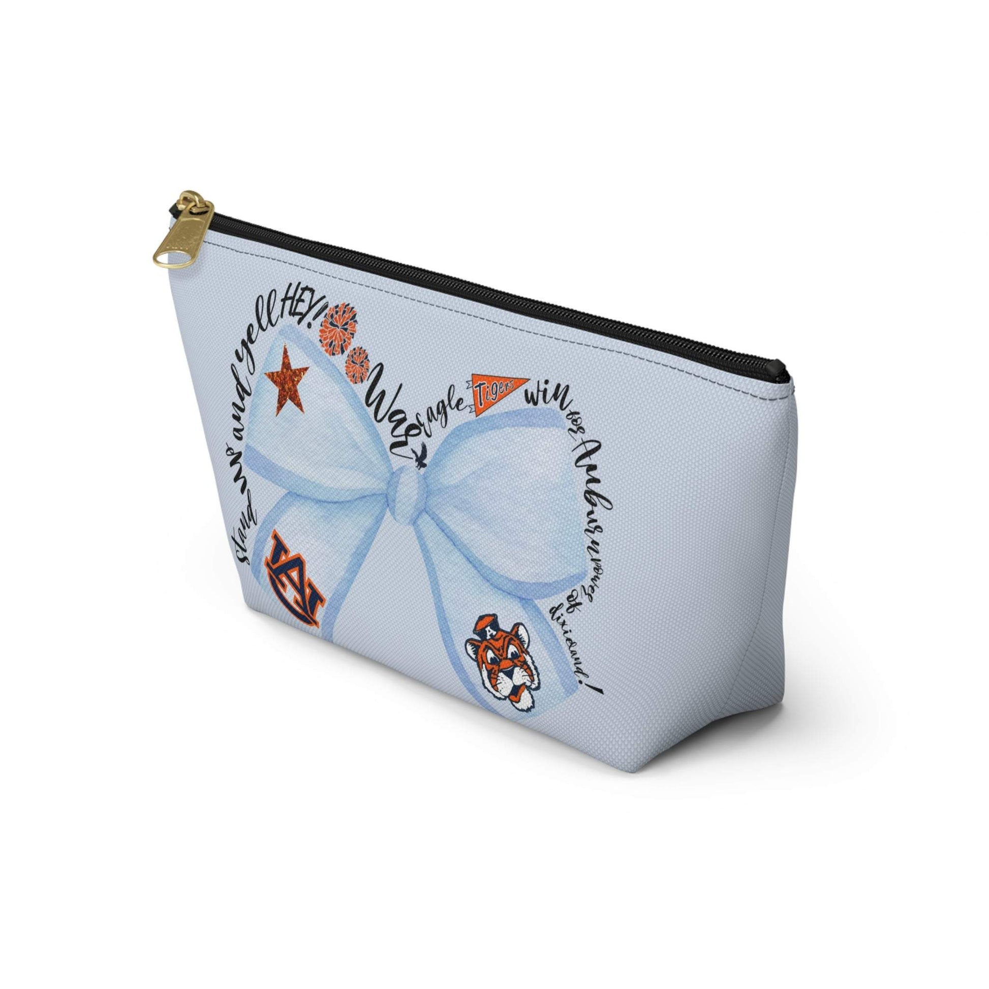Light-blue Blue Bow Auburn Logo accessory pouch with T-bottom, gold zipper pull, and collegiate icons design