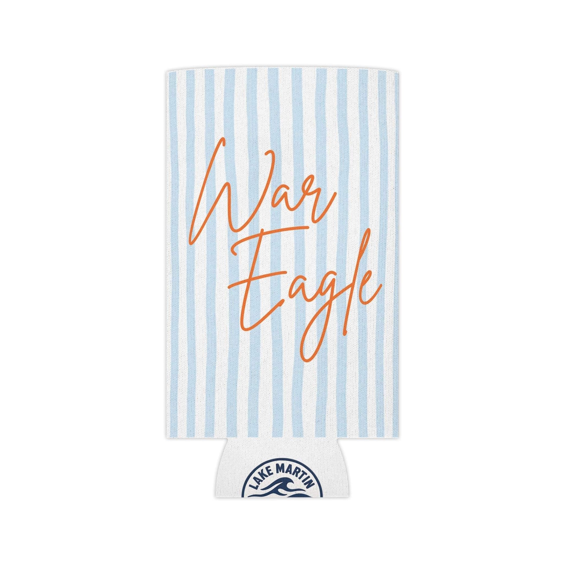 War Eagle Can Cooler with pale blue seersucker stripes and orange script on lightweight foam and polyester exterior
