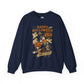 A navy blue crewneck sweatshirt featuring a vintage-style Halloween graphic on the front with the text 'HAPPY HALLOWEEN' and illustrations of a witch, ghost, pumpkin, skeleton, and a 'Halloween Motel' sign.