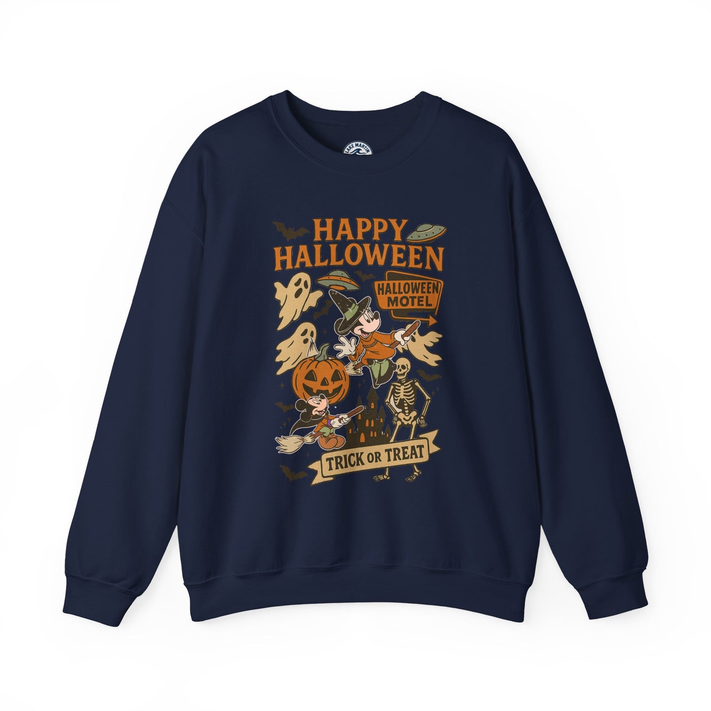 A navy blue crewneck sweatshirt featuring a vintage-style Halloween graphic on the front with the text 'HAPPY HALLOWEEN' and illustrations of a witch, ghost, pumpkin, skeleton, and a 'Halloween Motel' sign.