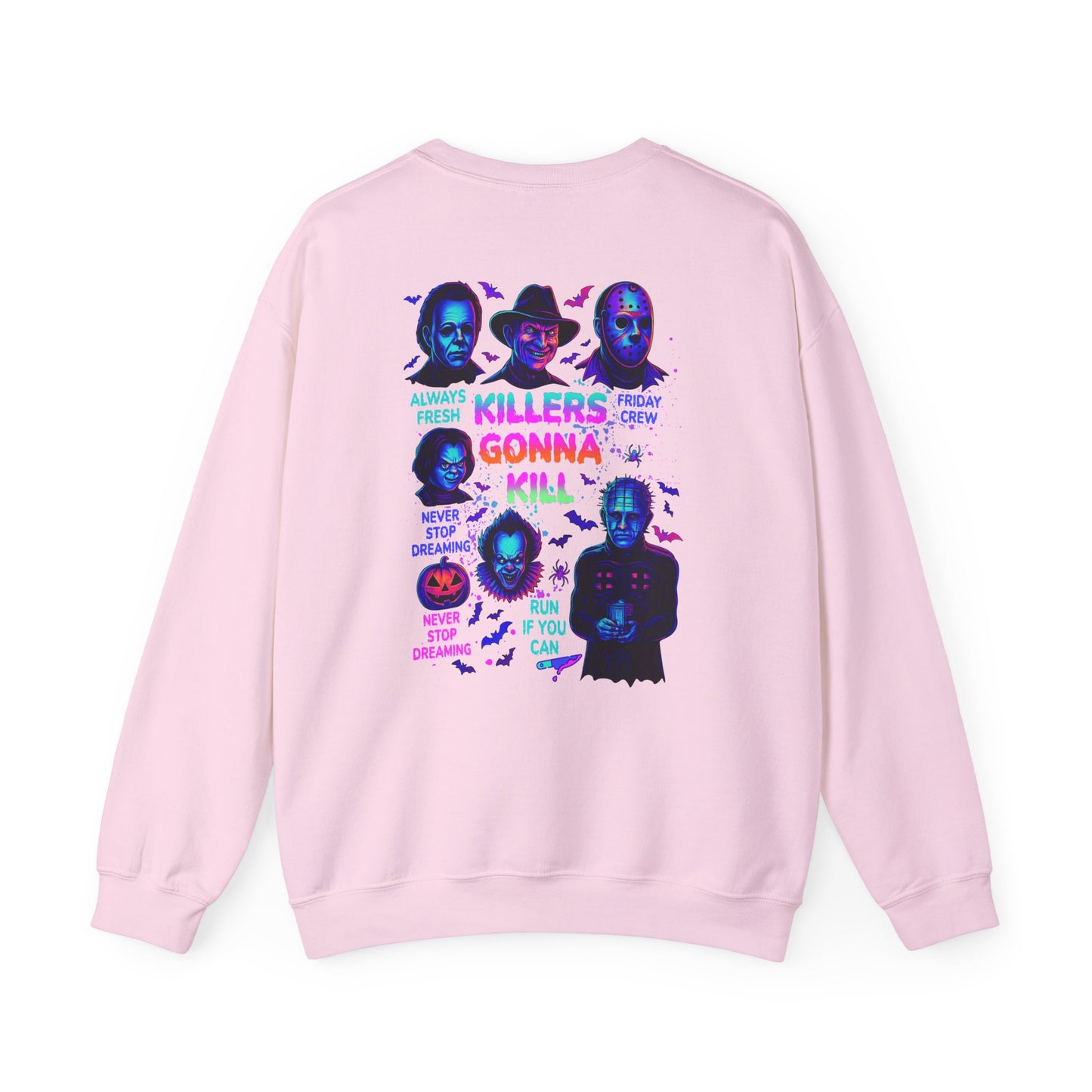 A light pink crewneck sweatshirt shown from the back, featuring a colorful graphic print of serial killer portraits and the text 'KILLERS KILLING GONNA KILL' surrounded by spooky illustrations.