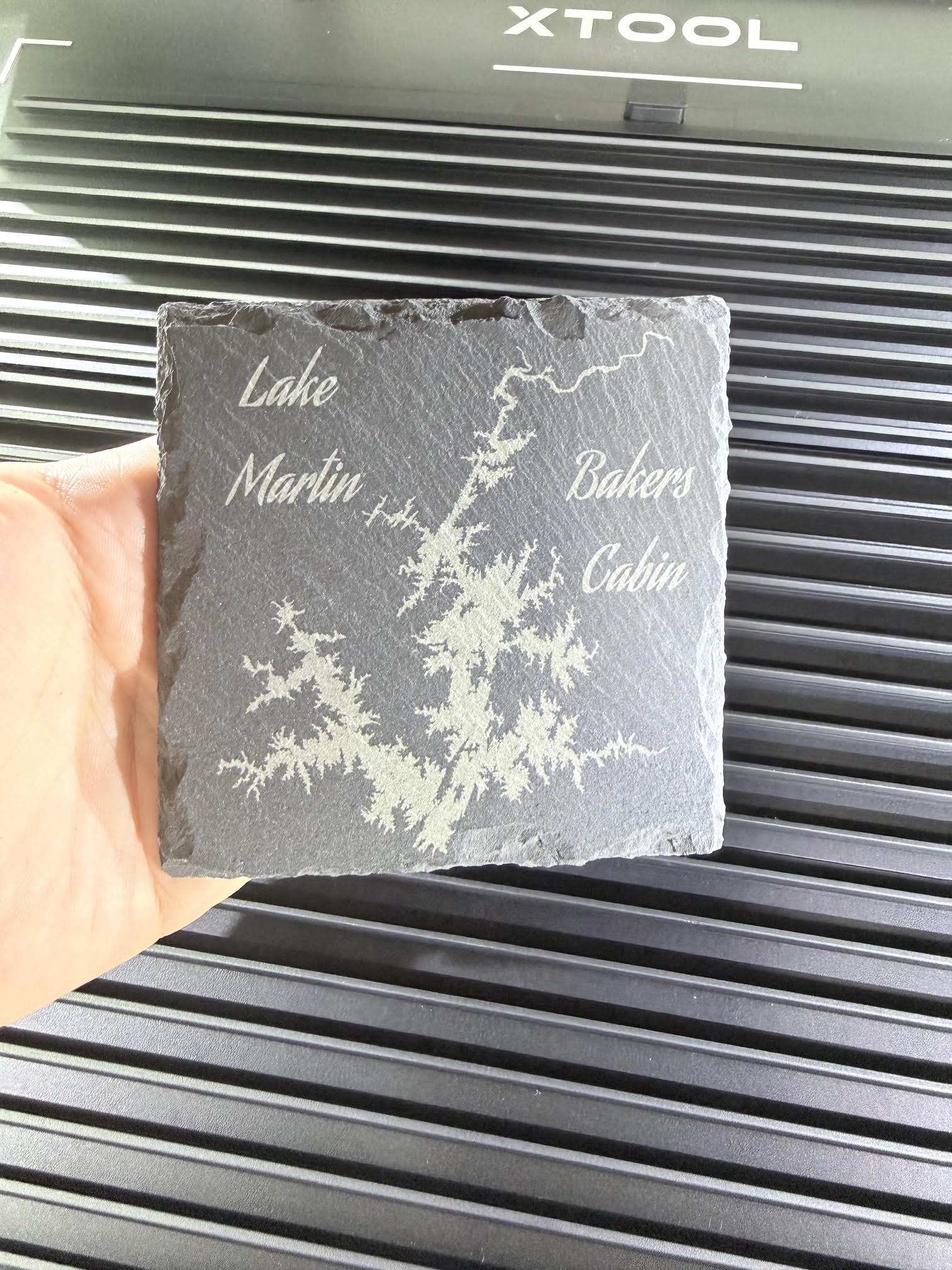 Customizable laser engraved Lake Martin Alabama slate coaster with detailed lake map and personalized text option