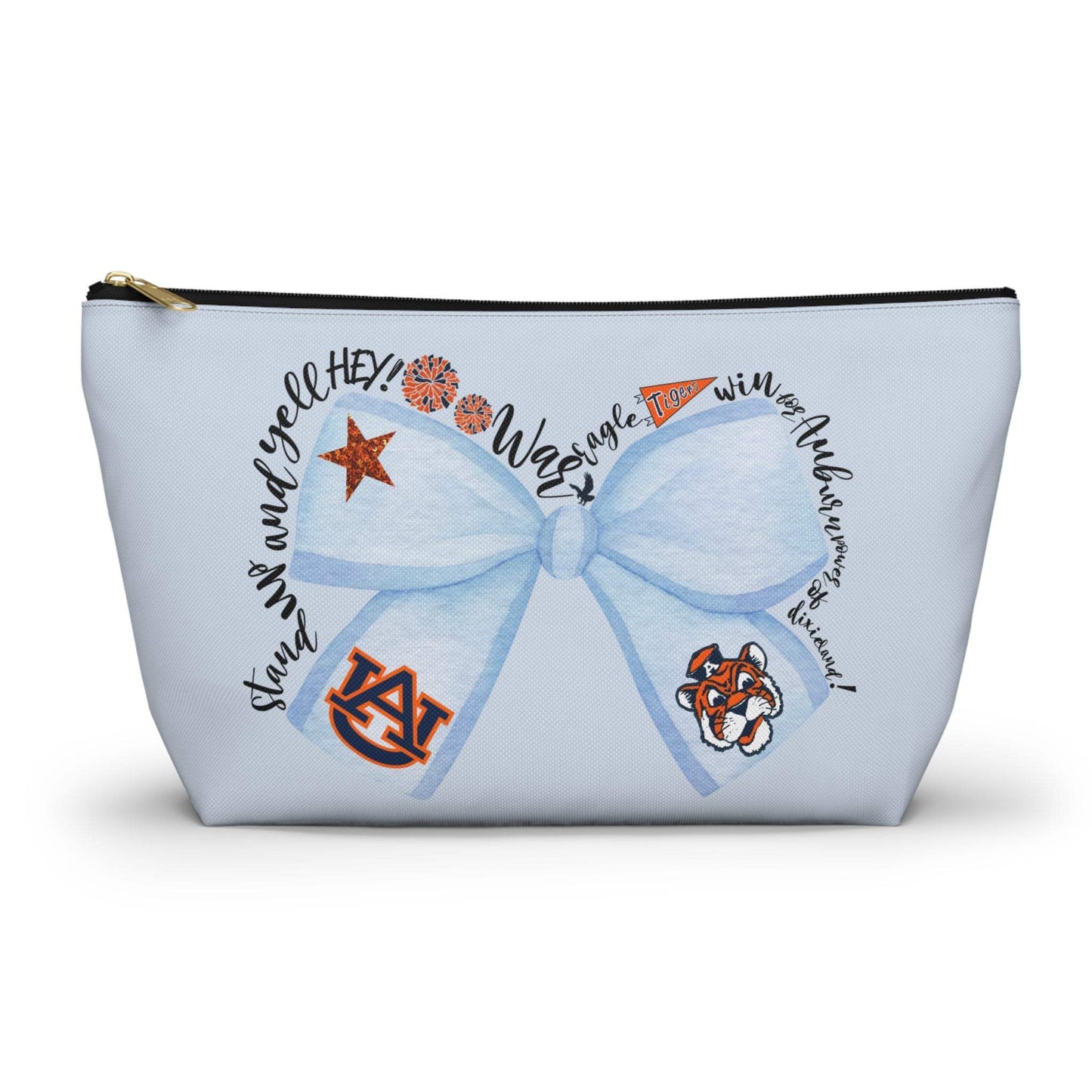 Light blue T-bottom pouch with blue bow Auburn logo and collegiate icons, gold zipper pull, wrinkle-resistant polyester cosmetic bag