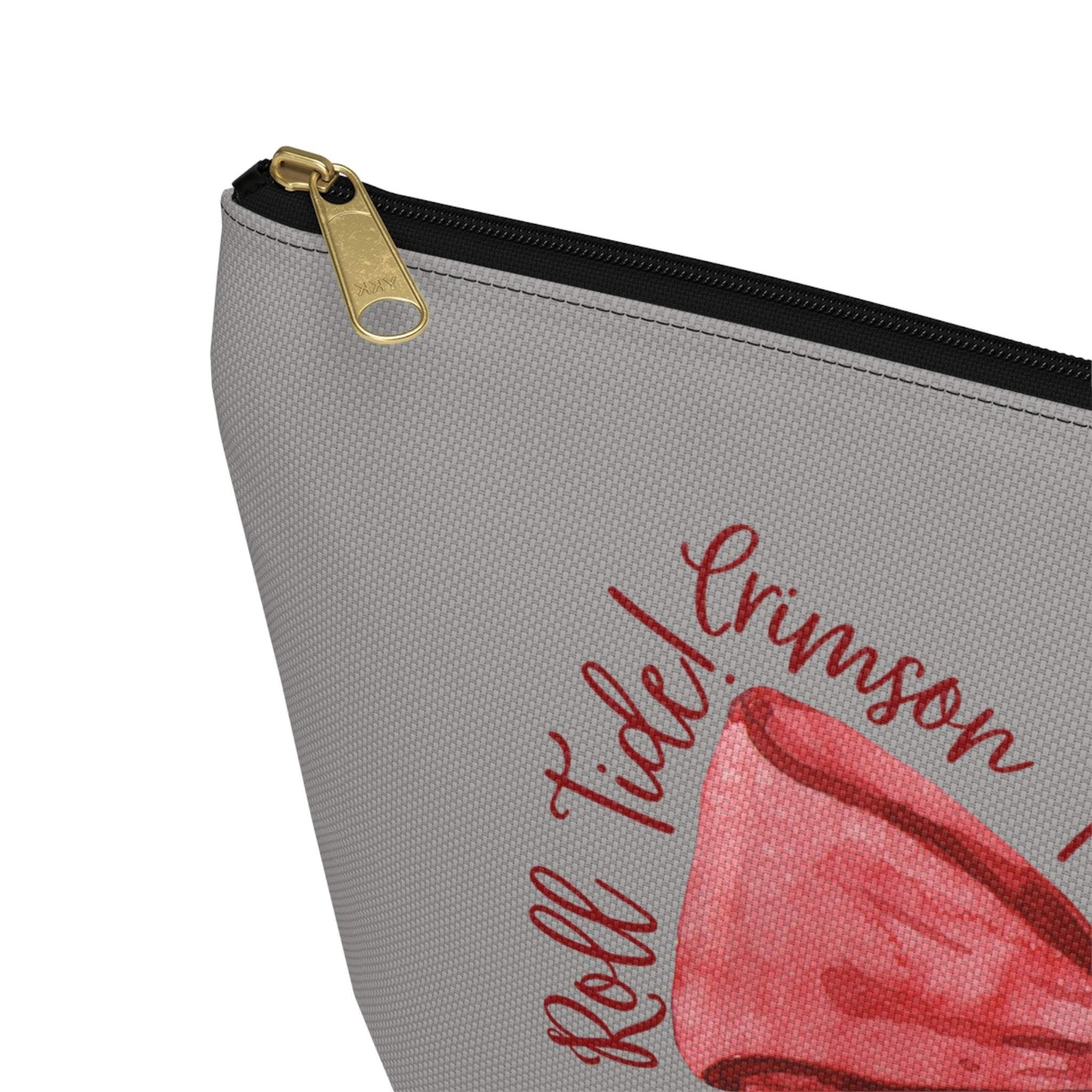 Crimson Bow Alabama script accessory pouch with vibrant red bow and gold zipper puller