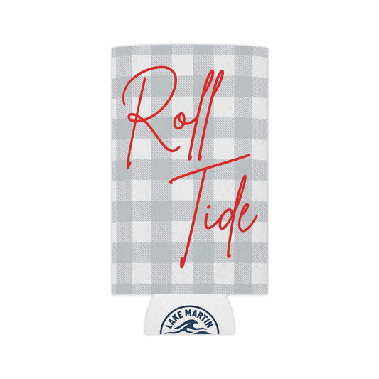 Gray plaid Roll Tide can cooler with red script and foam liner for slim and regular cans
