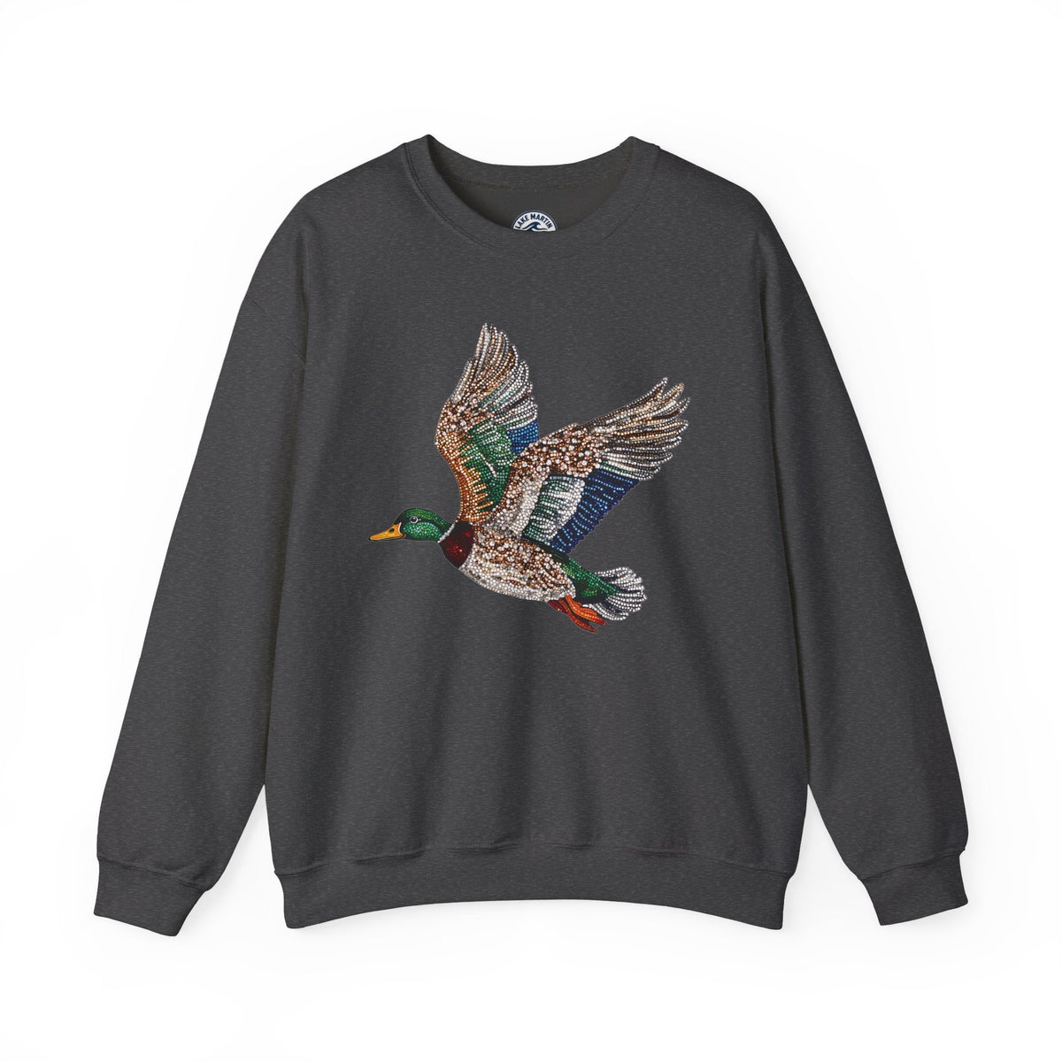 Flying mallard duck faux rhinestone design on unisex crewneck sweatshirt