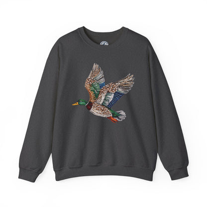 Flying mallard duck faux rhinestone design on unisex crewneck sweatshirt