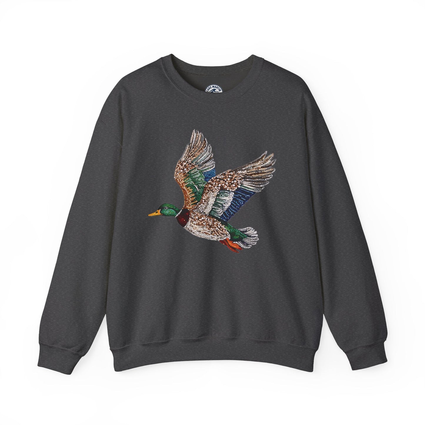 Flying mallard duck faux rhinestone design on unisex crewneck sweatshirt