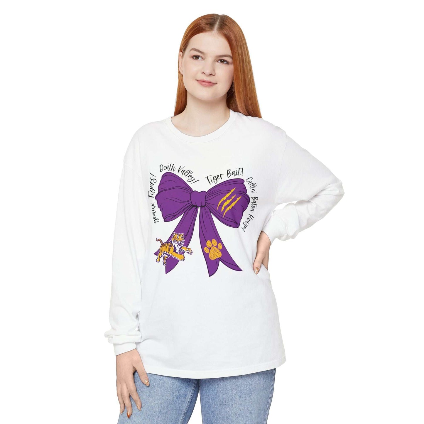 Purple and Gold Tiger Bow Long-Sleeve Game Day Shirt