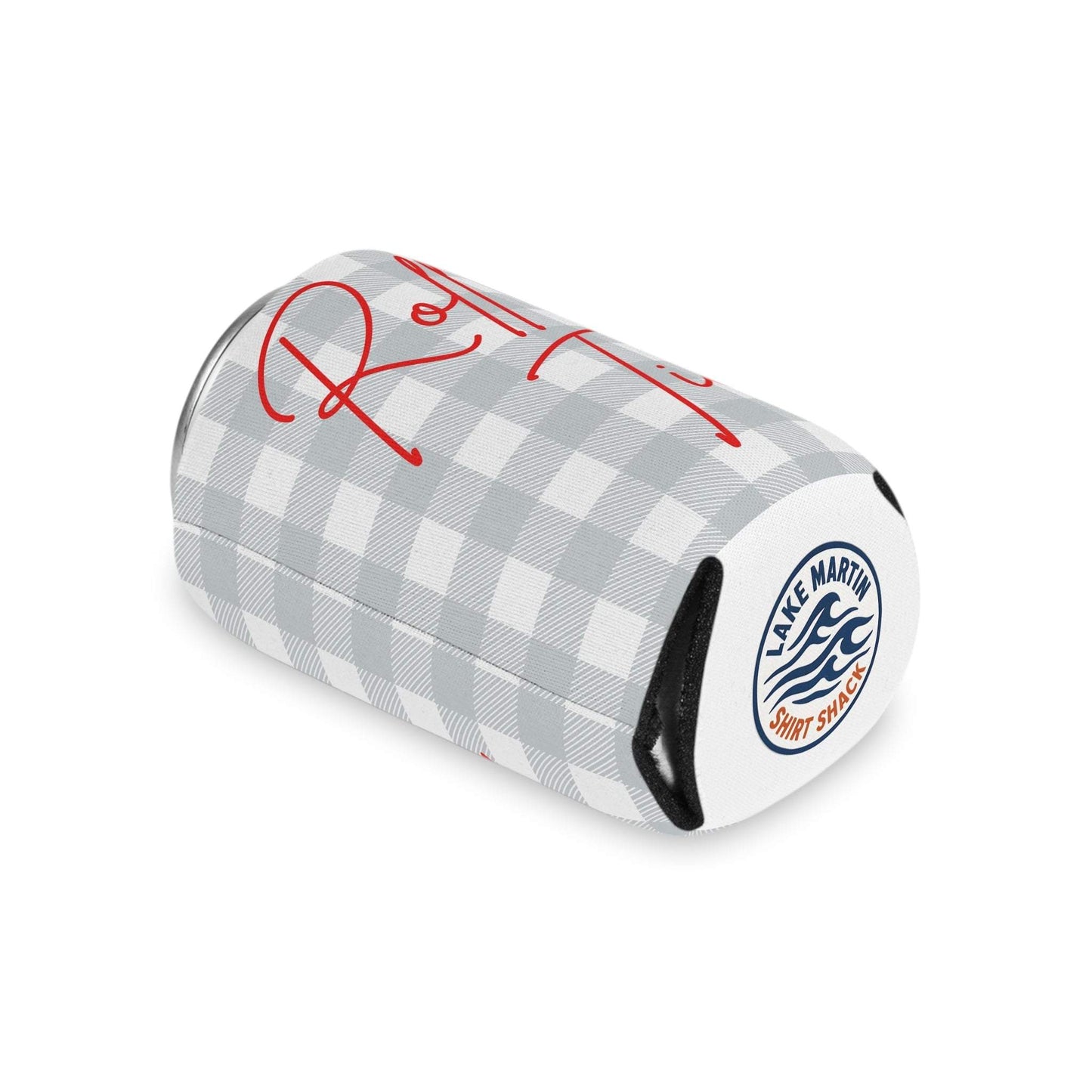 Plaid gray Roll Tide Can Cooler with red script and foam liner for grip