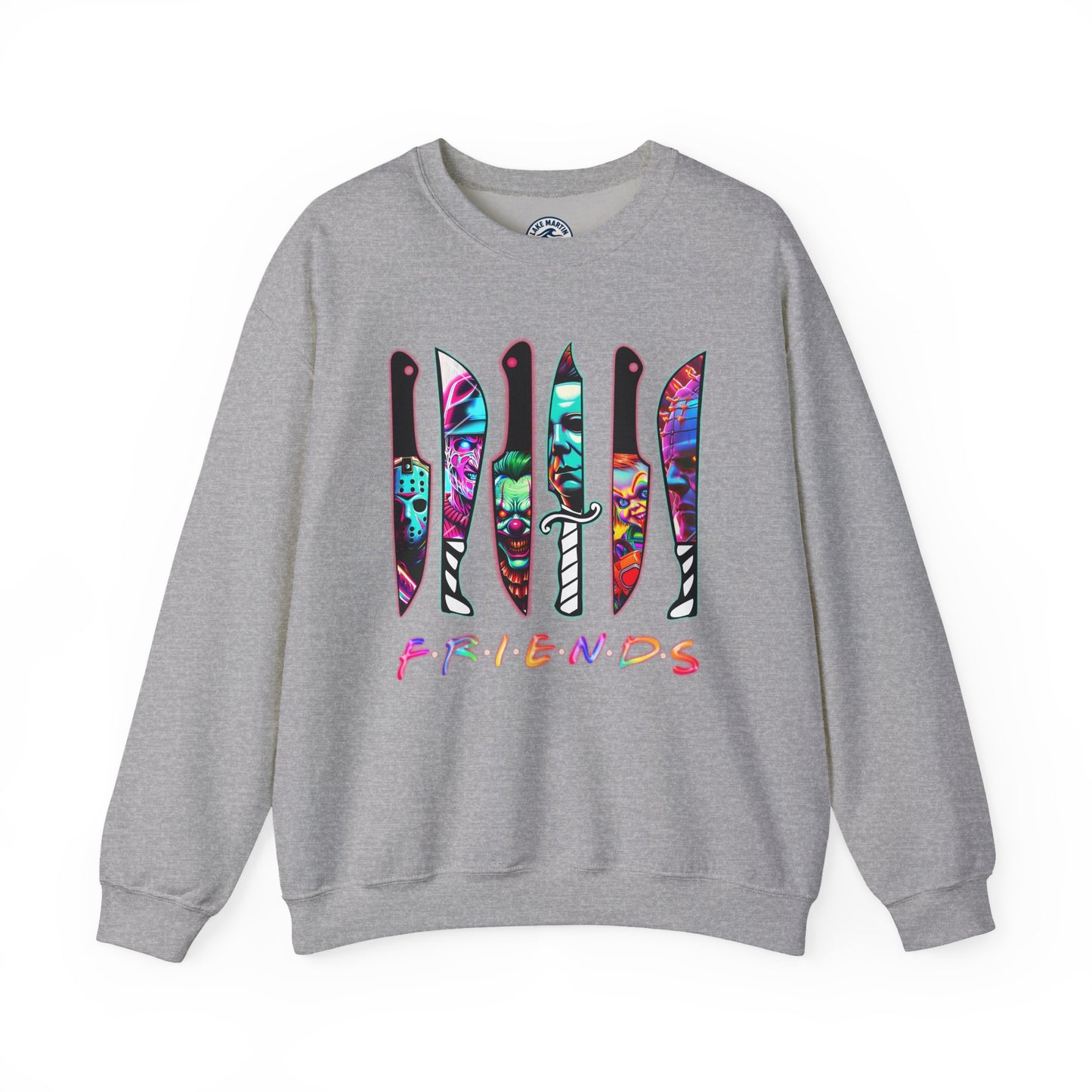 A heather gray crewneck sweatshirt featuring a graphic of six knives with colorful tie-dye patterns and the word 'FRIENDS' printed below in the iconic yellow font, shown against a plain white background.