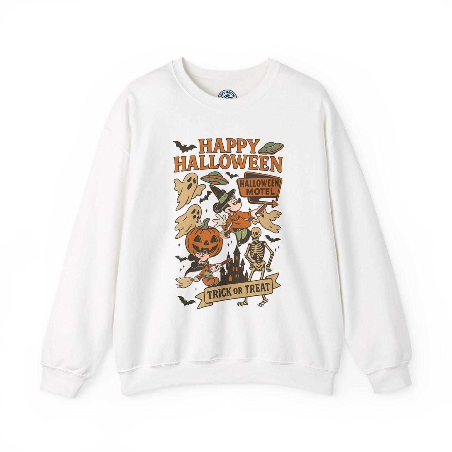 An white crewneck sweatshirt featuring a colorful 'Happy Halloween' graphic print on the front with illustrations of a witch, skeleton, ghost, and a jack-o'-lantern.