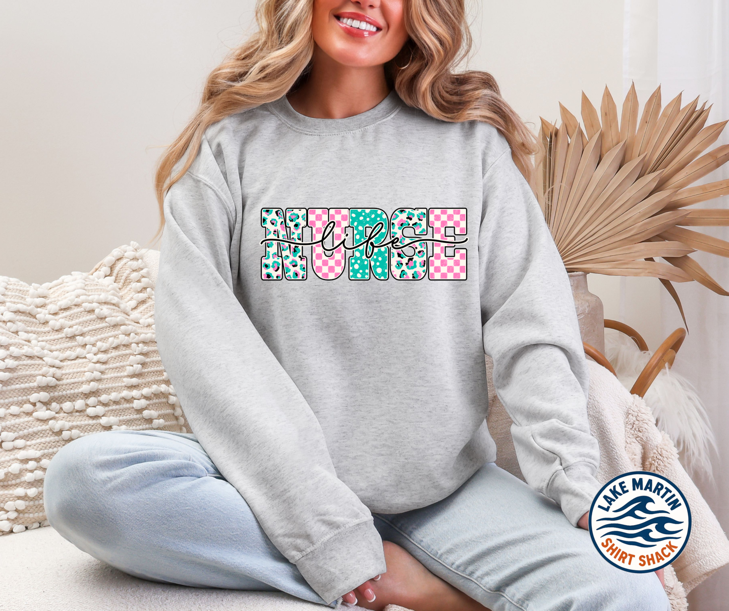 Leopard and pink checkered medical title crewneck sweatshirt