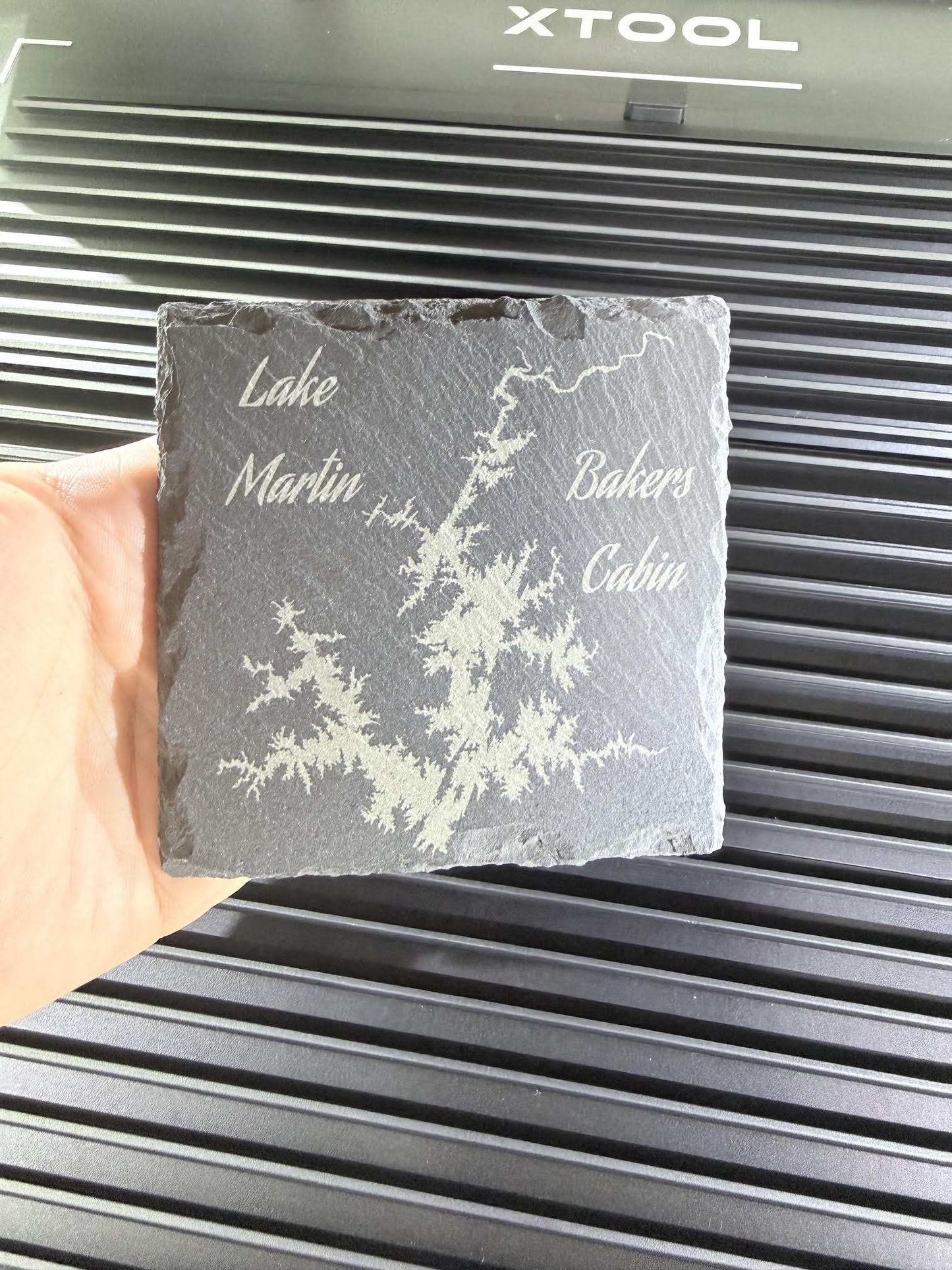 Customizable laser engraved Lake Martin Alabama slate coaster with detailed lake map and personalized text option