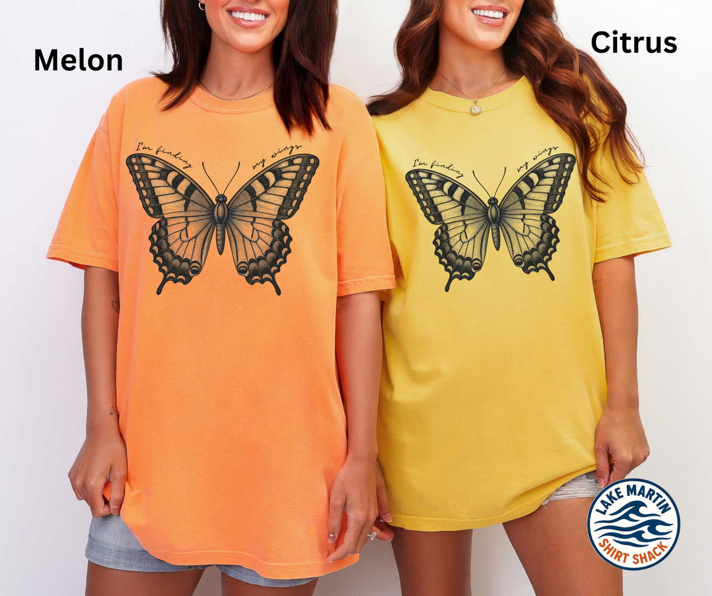 Finding My Wings butterfly graphic on a melon and citrus Comfort Colors T-shirt