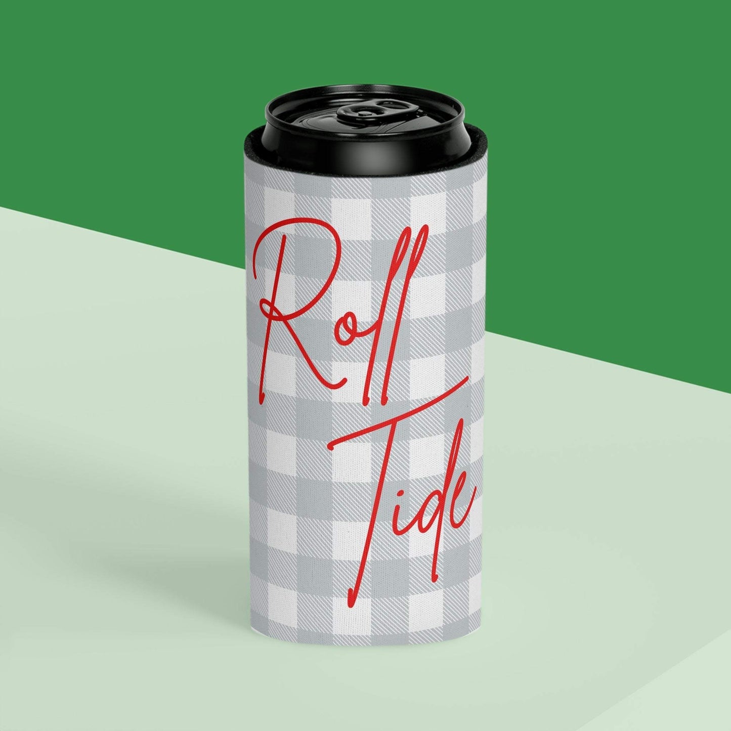 Gray plaid Roll Tide can cooler with red script, foam-lined and lightweight