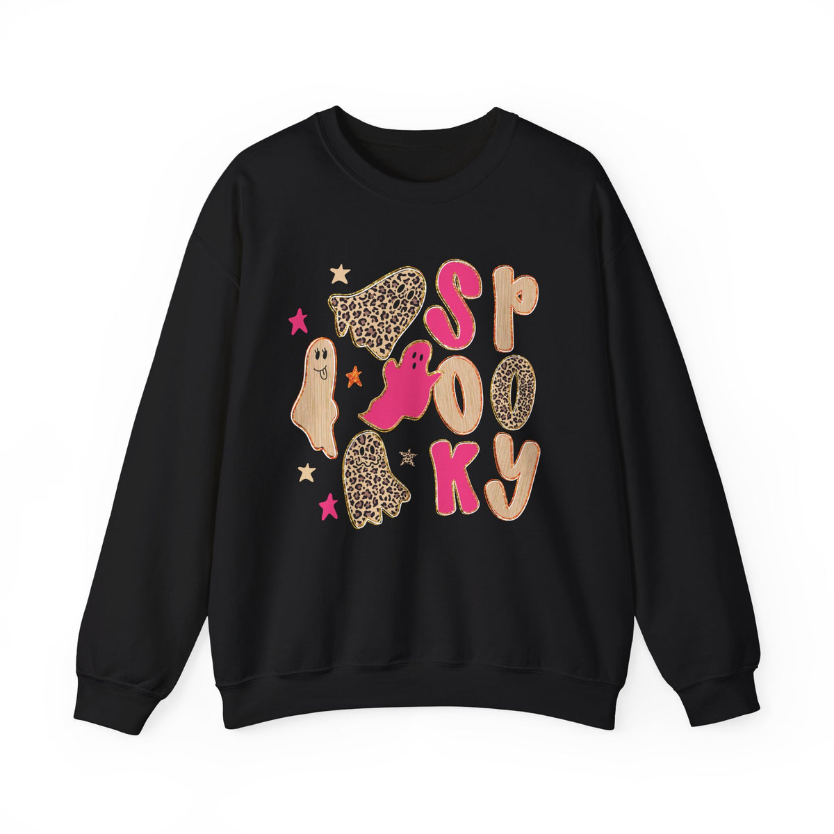 A black crewneck sweatshirt featuring a 'Spooky' graphic print with pink and leopard-print lettering and cute ghost illustrations, displayed on a clean white background.