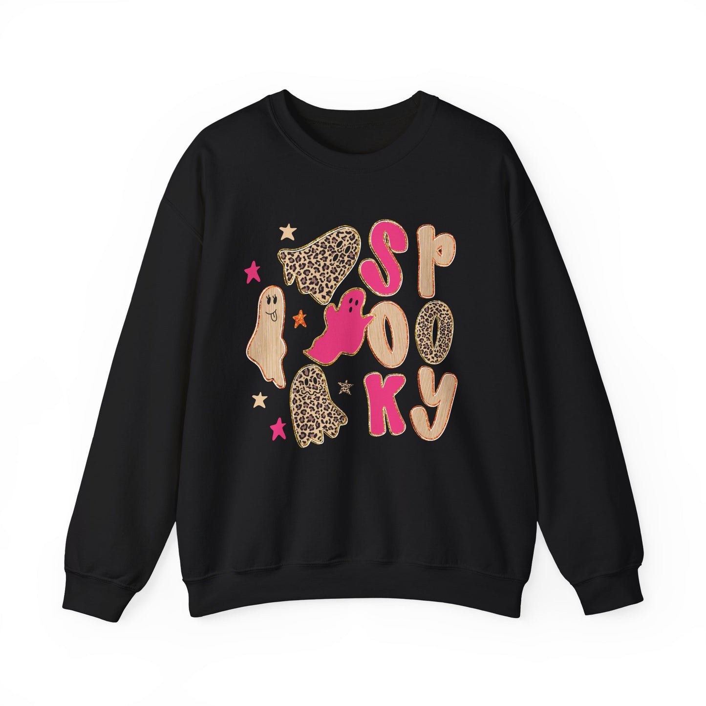 A black crewneck sweatshirt featuring a 'Spooky' graphic print with pink and leopard-print lettering and cute ghost illustrations, displayed on a clean white background.