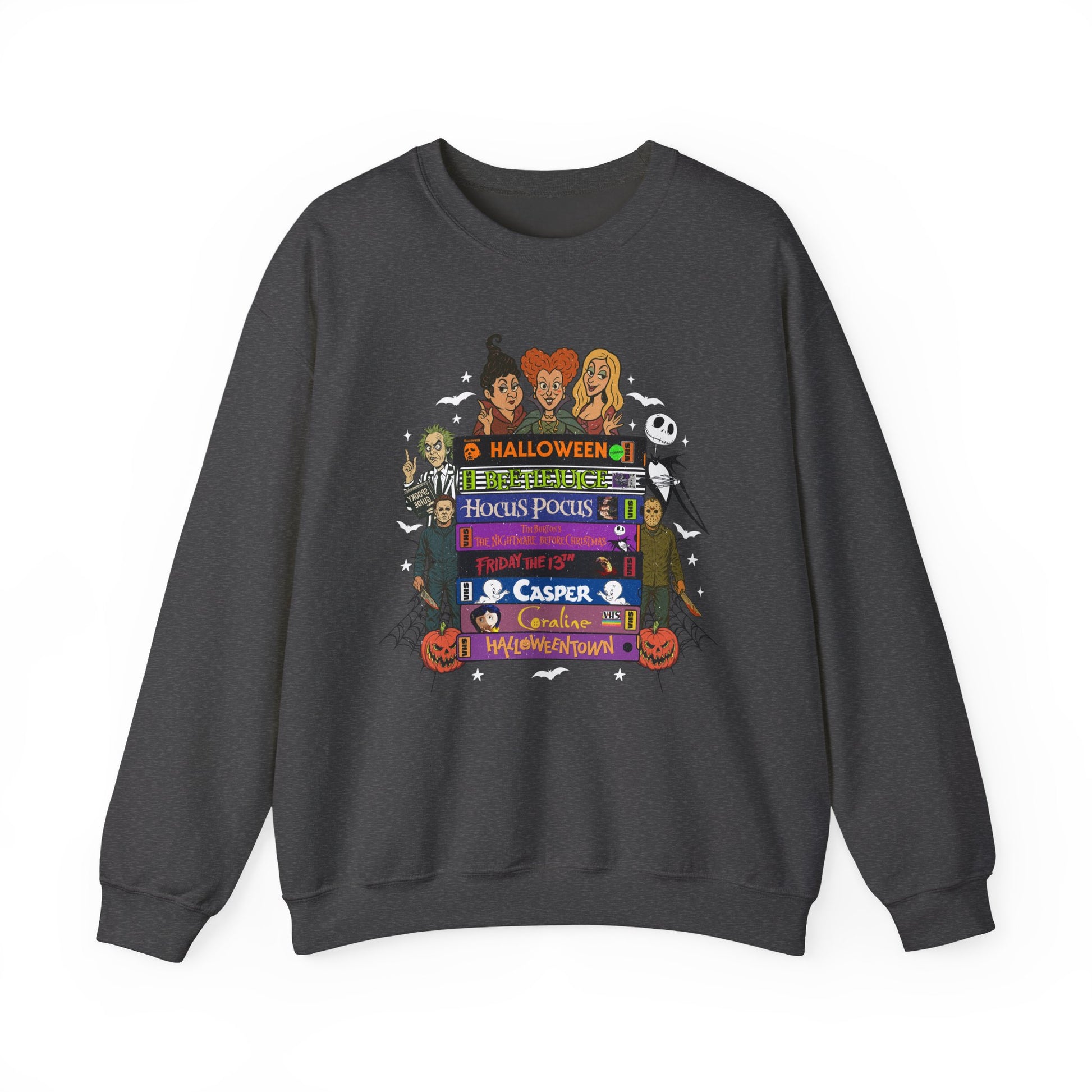 A dark gray crewneck sweatshirt featuring a colorful graphic print of characters and text from the movie 'Halloween VHS tapes' on the front, displayed against a solid white background.
