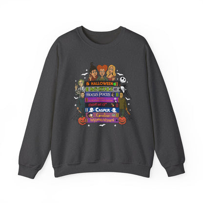 A dark gray crewneck sweatshirt featuring a colorful graphic print of characters and text from the movie 'Halloween VHS tapes' on the front, displayed against a solid white background.
