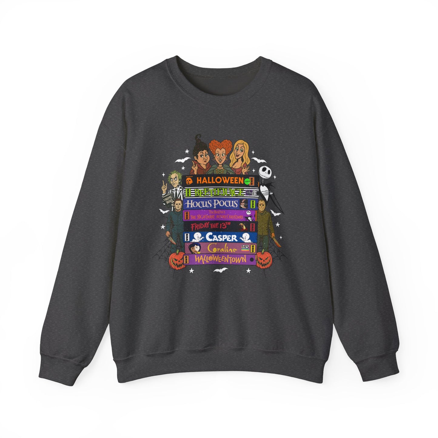 A dark gray crewneck sweatshirt featuring a colorful graphic print of characters and text from the movie 'Halloween VHS tapes' on the front, displayed against a solid white background.