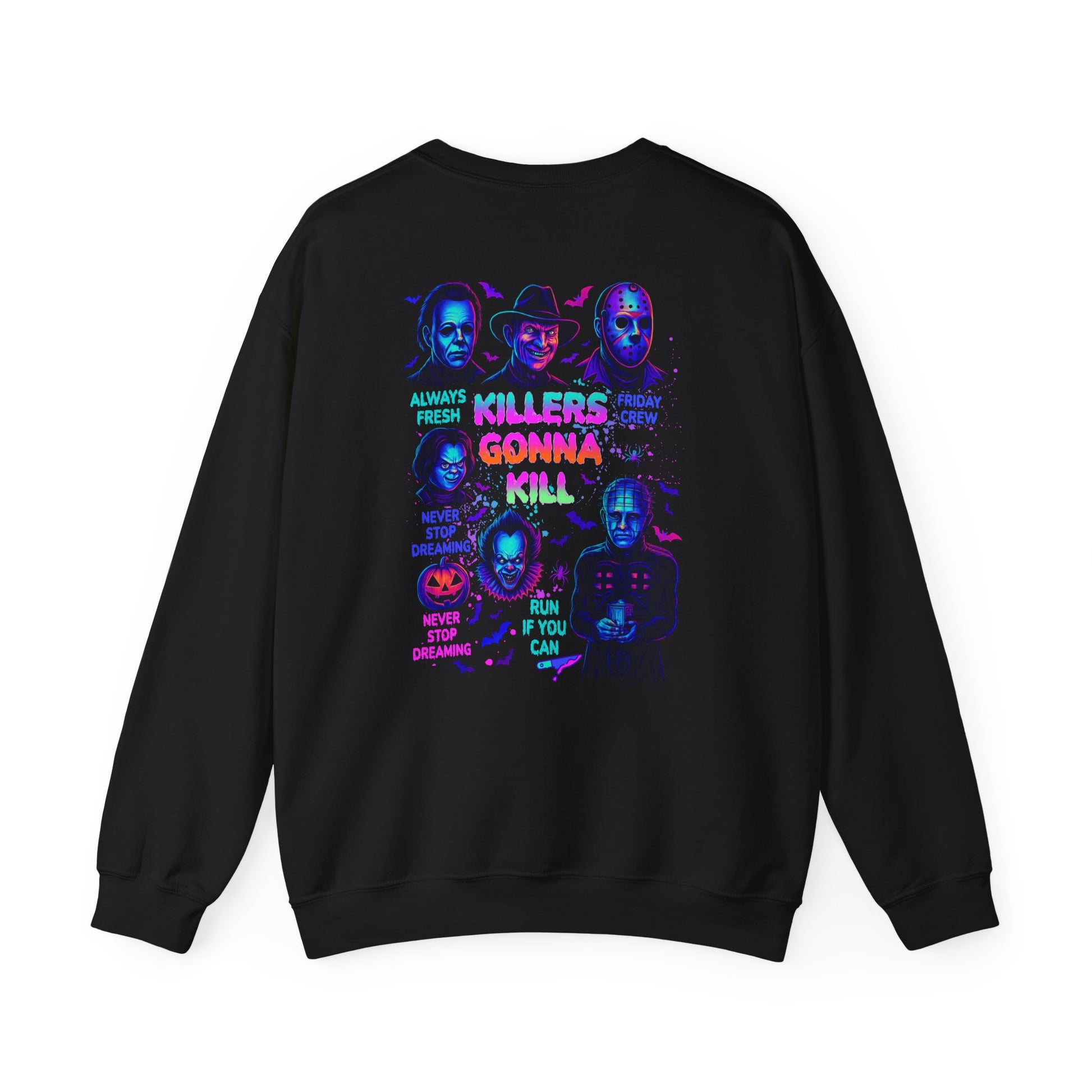 A black crewneck sweatshirt shown from the back, featuring a colorful graphic print of iconic characters and text from the movie 'Killers Gonna Kill' in neon pink, purple, and blue tones.