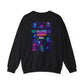A black crewneck sweatshirt shown from the back, featuring a colorful graphic print of iconic characters and text from the movie 'Killers Gonna Kill' in neon pink, purple, and blue tones.
