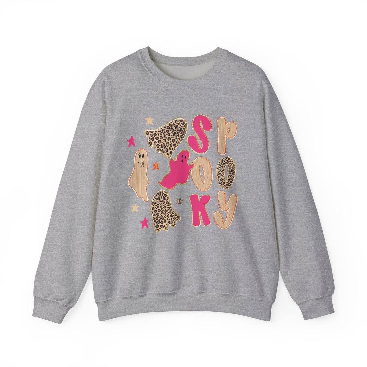 A heather gray crewneck sweatshirt featuring a 'Spooky' Halloween graphic with pink and leopard-print ghosts, stars, and textured letters on the front, displayed against a plain white background.