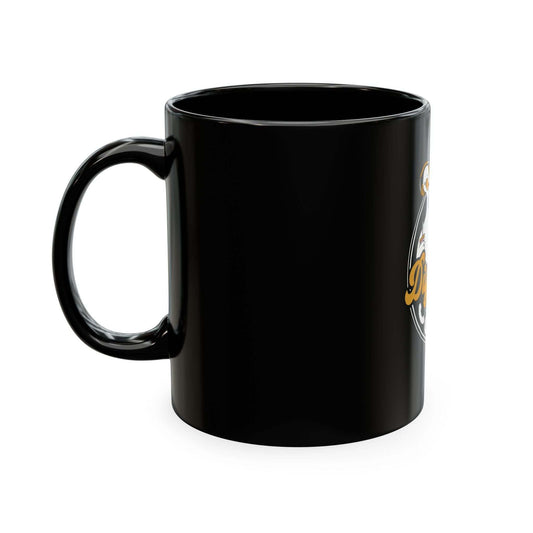 Glossy black 911 dispatcher crew coffee mug with retro badge and goose headset design