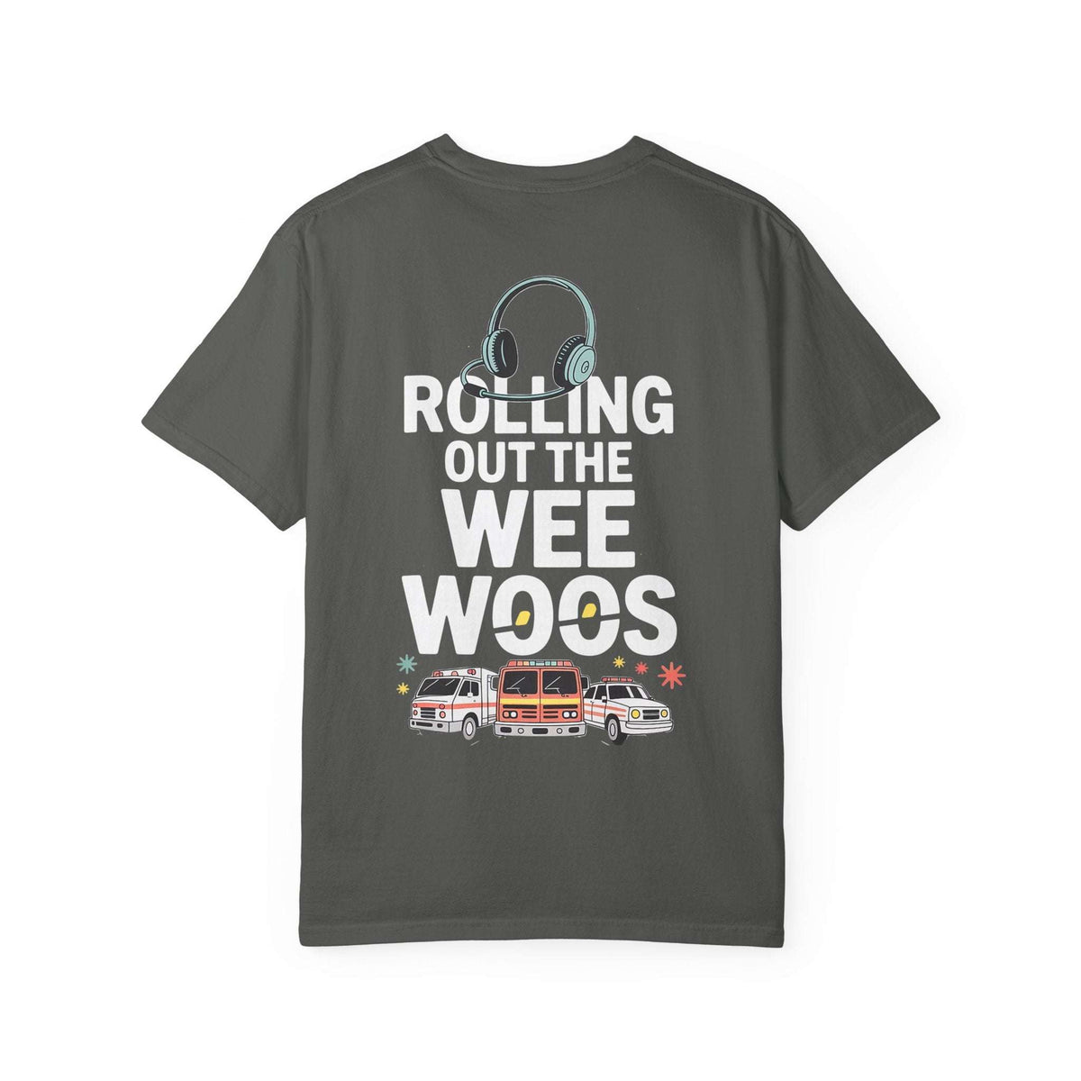 911 dispatcher t-shirt with ambulance and firetruck design