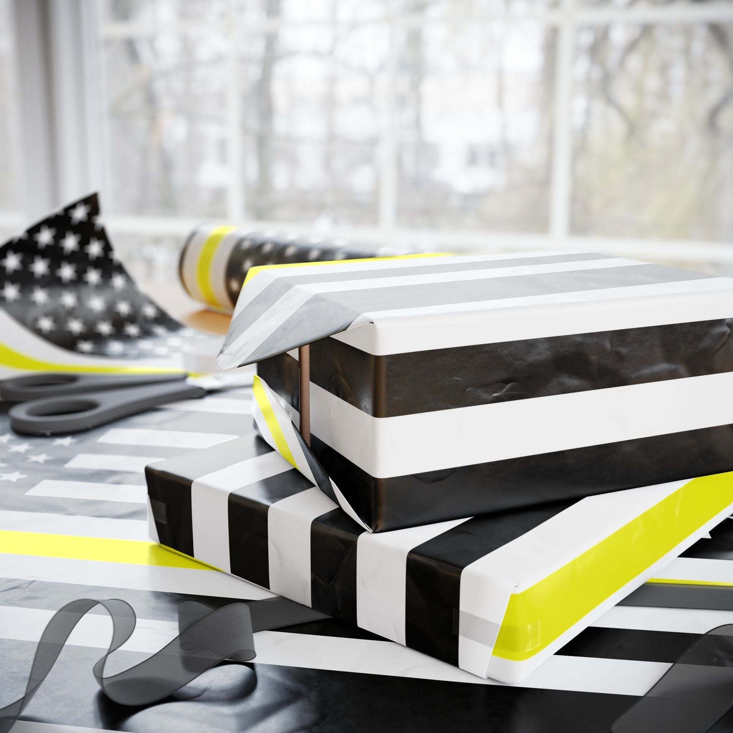 Thin Gold Line American Flag Wrapping Paper | Patriotic Police Tribute