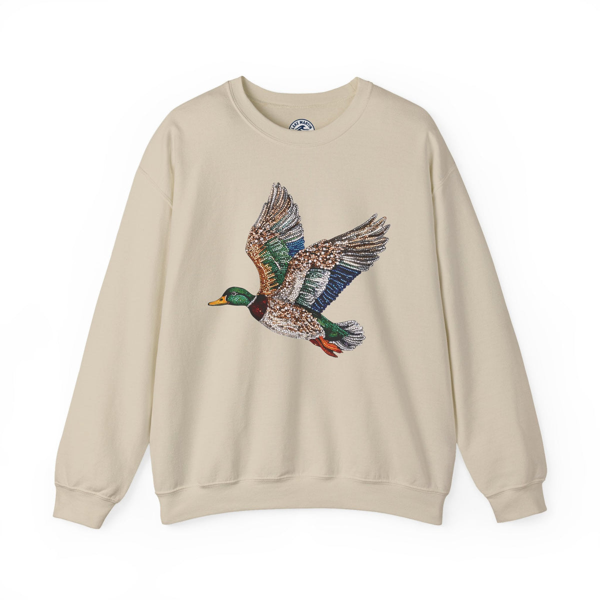 Unisex sweatshirt with colorful flying mallard duck faux rhinestone design on front
