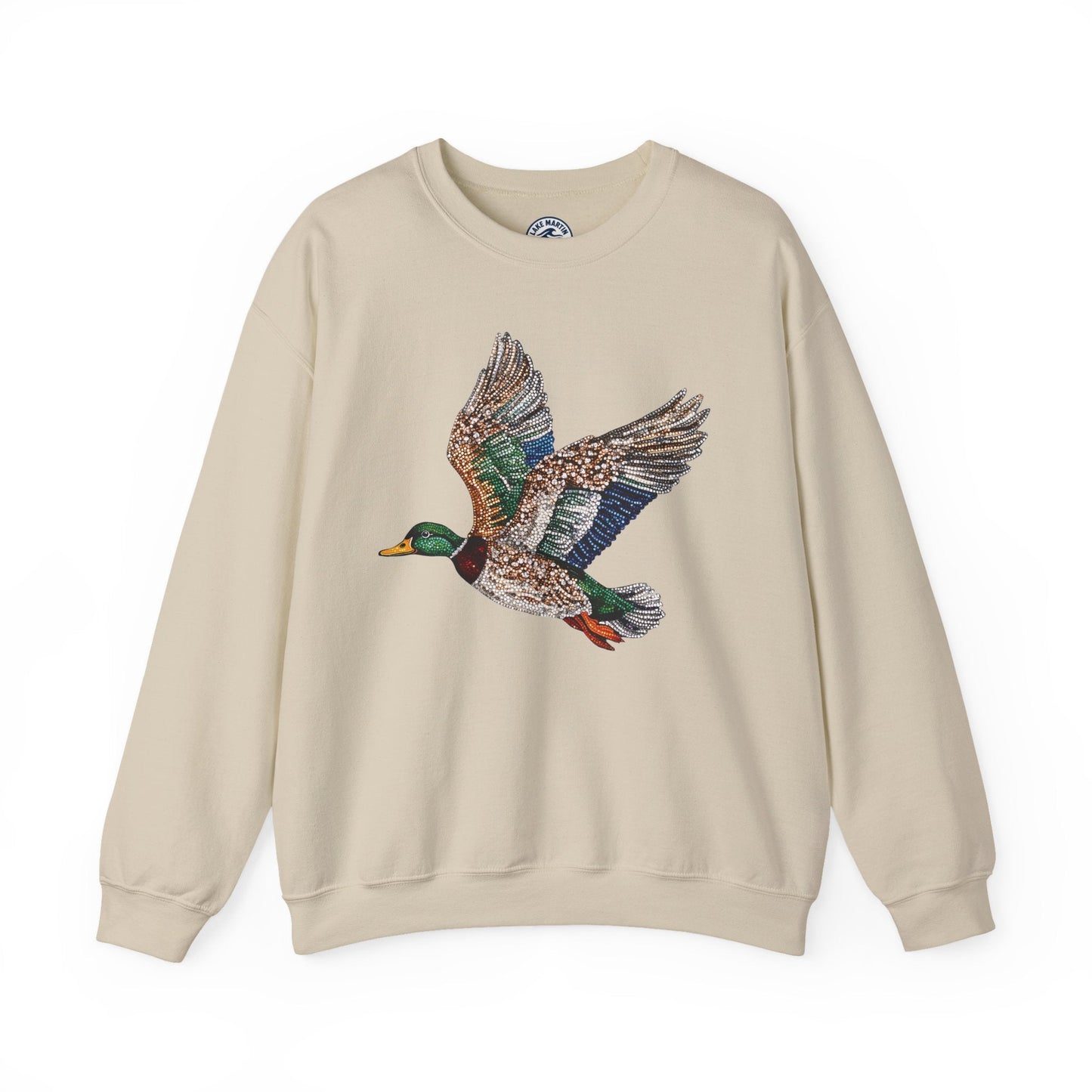 Unisex sweatshirt with colorful flying mallard duck faux rhinestone design on front