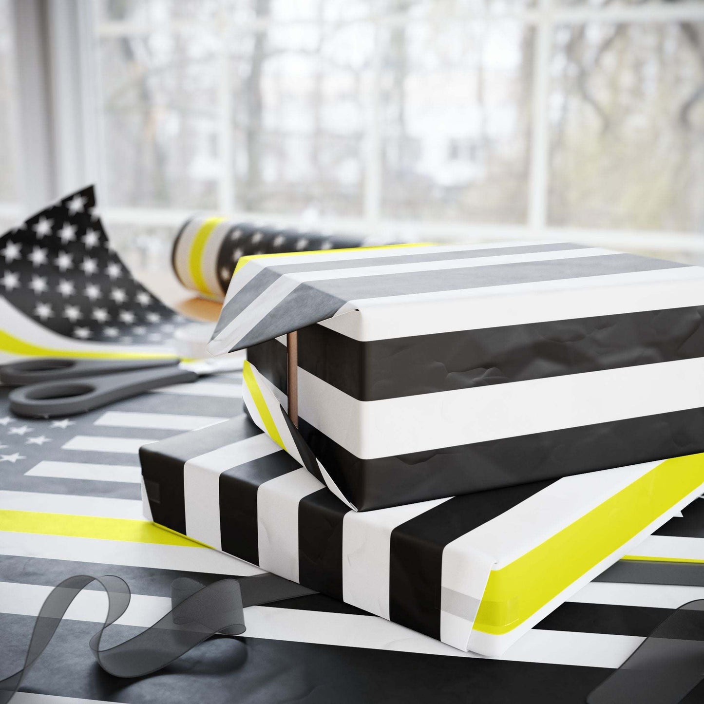 Thin Gold Line American Flag Wrapping Paper | Patriotic Police Tribute
