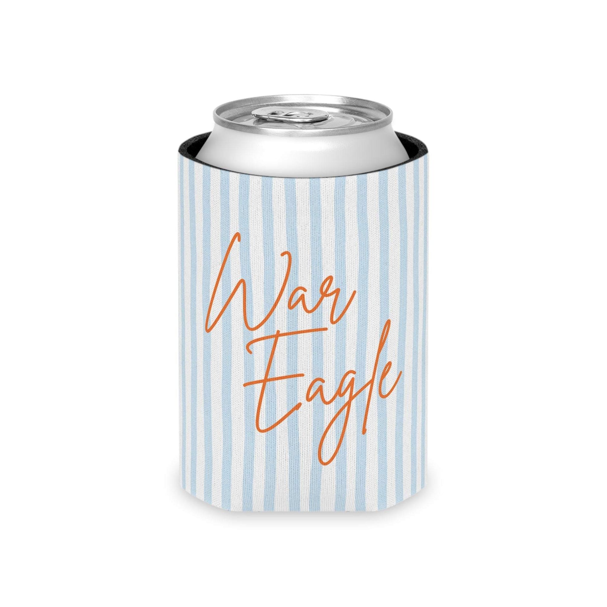 War Eagle Can Cooler with pale blue seersucker stripes and warm orange script on lightweight foam and polyester sleeve