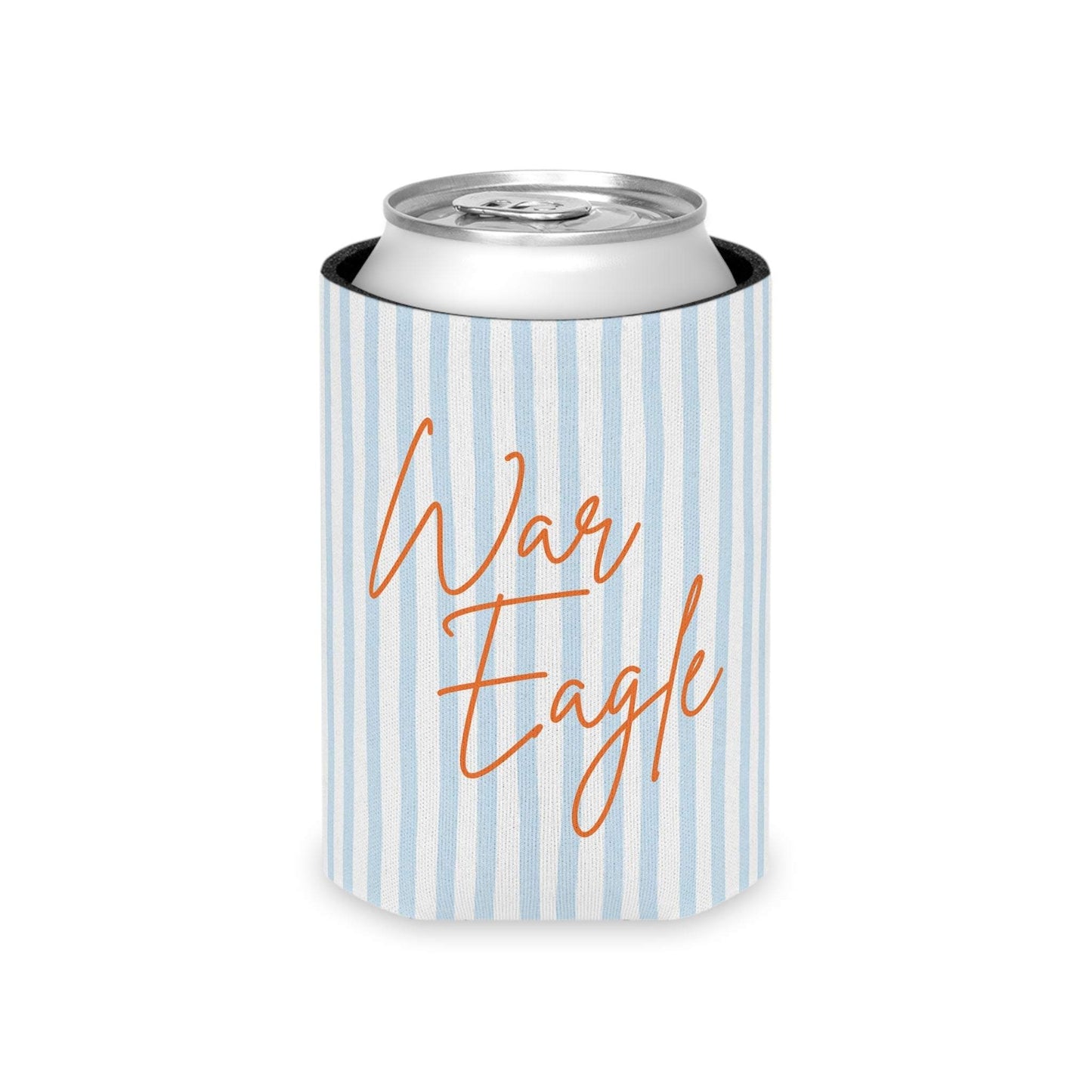 War Eagle Can Cooler with pale blue seersucker stripes and warm orange script on lightweight foam and polyester sleeve