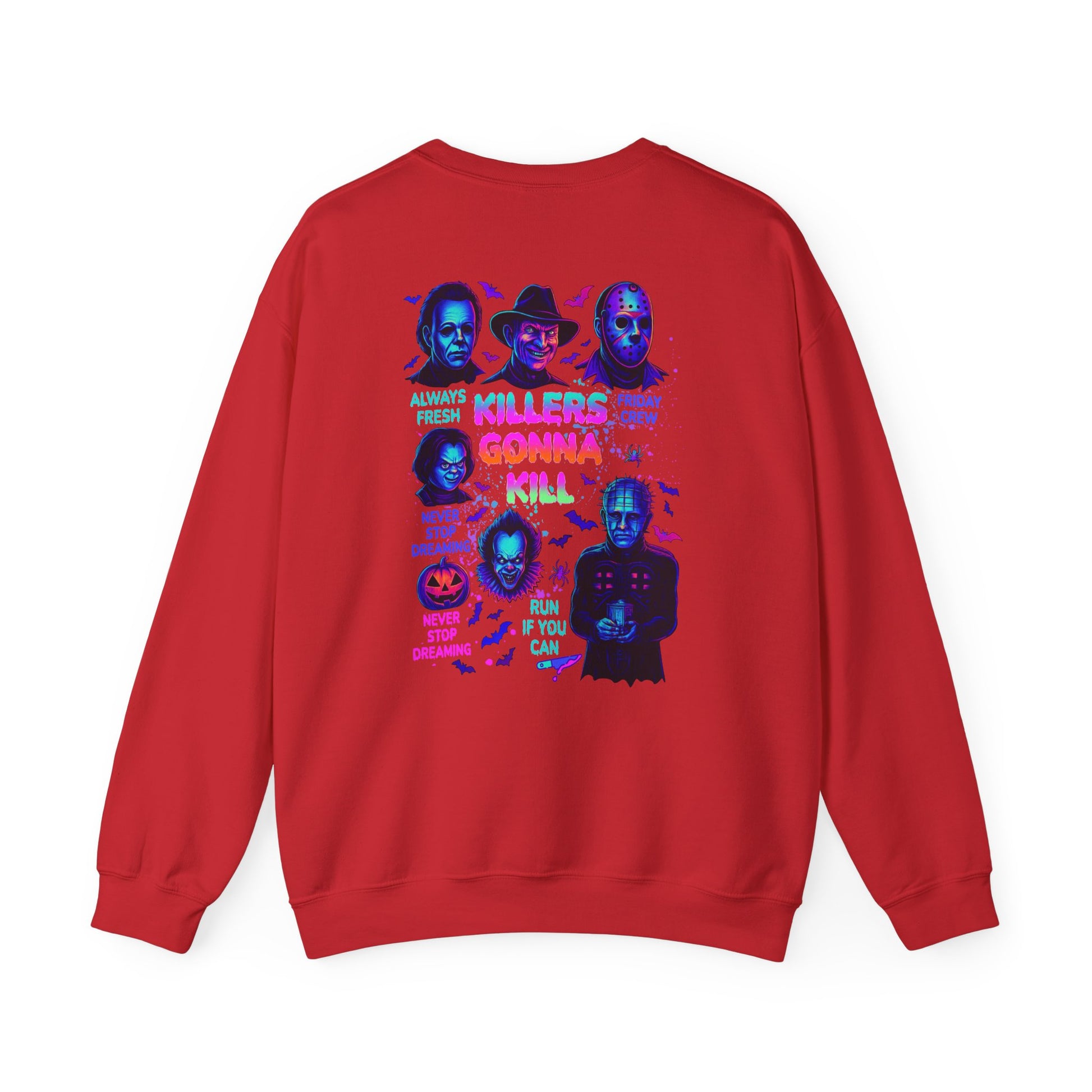 A red crewneck sweatshirt shown from the back, featuring a colorful graphic print of horror movie villains with text including 'KILLERS GONNA KILL' and 'RUN IF YOU CAN'.